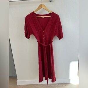 Red Midi Linen Sundress with V-Neck and Dolman Sleeves